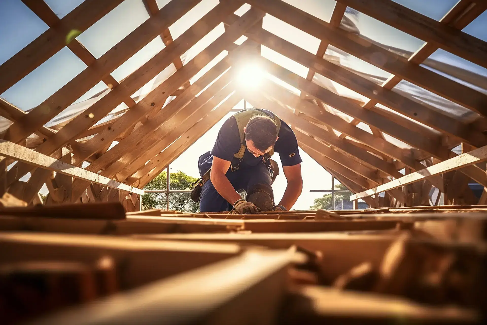 Mitarbeiter auf arbeitet im Dachstuhl – Ausbau des Dachgeschoss