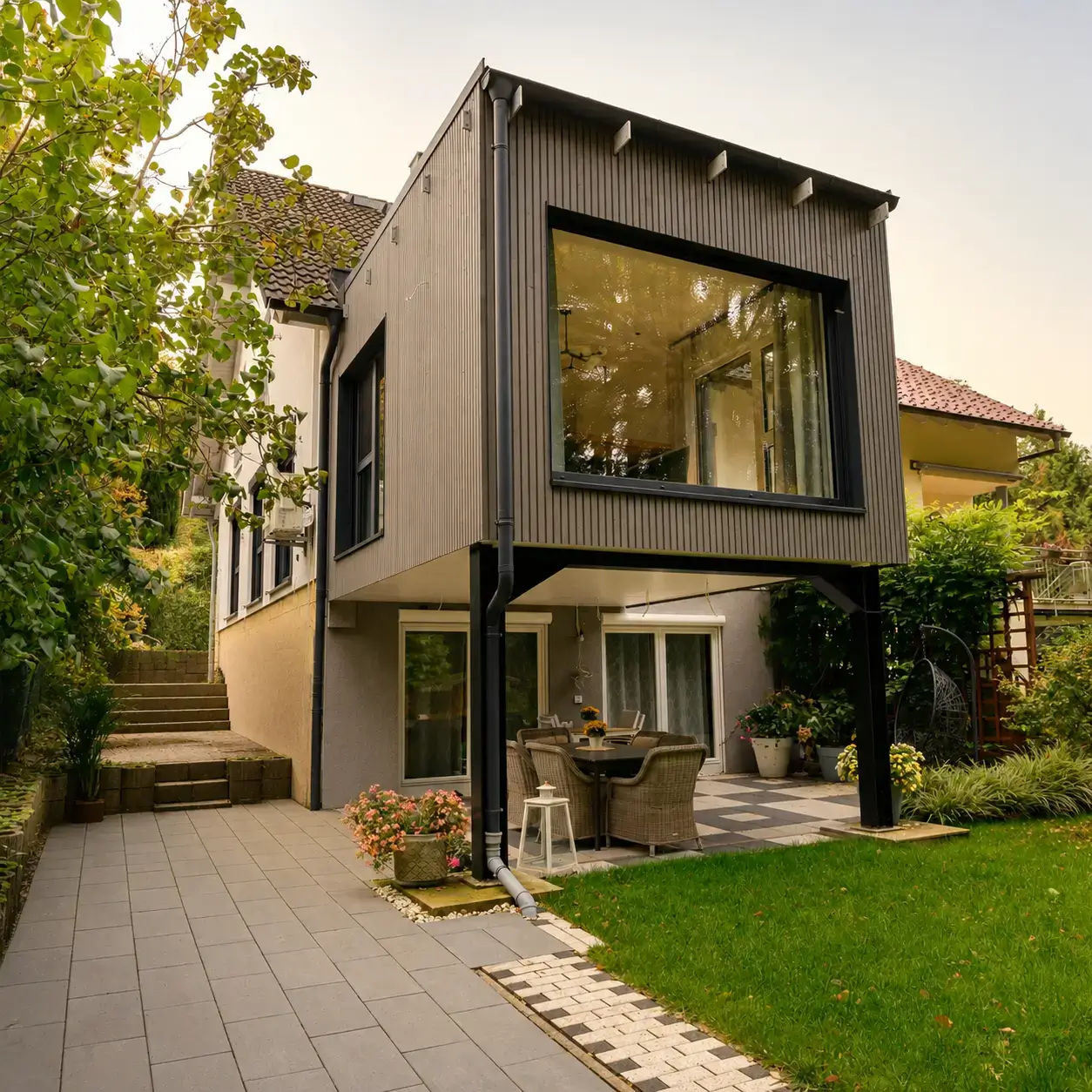 Holzanbau mit großer Fensterfront in den Garten